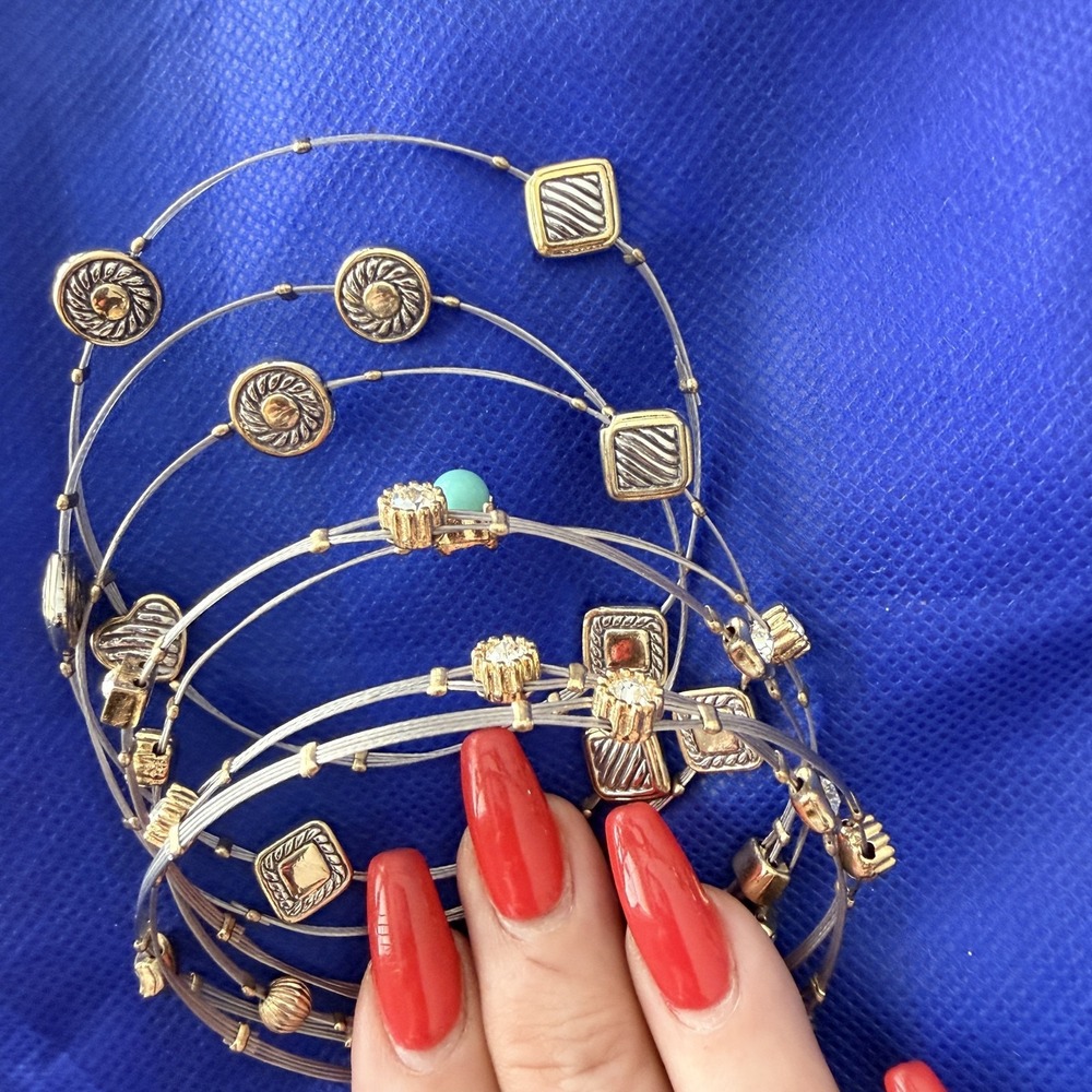 Silver Gold Tone Crystal Charm Bangle Bracelet Set Womens Stacking Lot Of 7